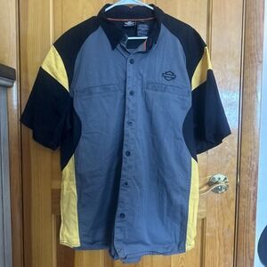 Harley Davidson Mechanic Shirt Medium Black Yellow Embroidered Garage Button‎ Up